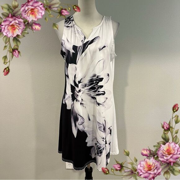 Casual sleeveless a-line Black and White Floral mini Dress size large - Picture 1 of 12